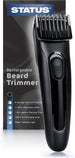 A black STATUS rechargeable beard trimmer shown in front of its retail box. The box is dark gray and black with white and blue text highlighting features like adjustable comb, USB charging, and power indicator light.