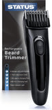 A black STATUS rechargeable beard trimmer shown in front of its retail box. The box is dark gray and black with white and blue text highlighting features like adjustable comb, USB charging, and power indicator light.