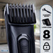 Black Status cordless hair clippers with a multi-comb guide attachment, shown alongside an informational graphic detailing features like a cleaning brush, 1-15mm comb, 8 settings, and lock.