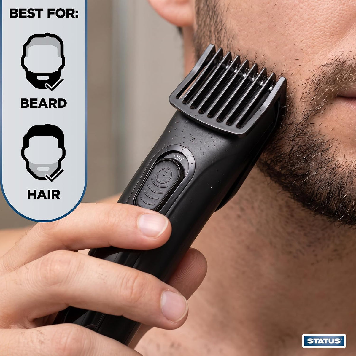 A close-up of a person using a black Status electric trimmer to shave facial hair, with a beard guide icon graphic on the left and a Status logo in the bottom right corner.