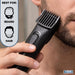 A close-up of a person using a black Status electric trimmer to shave facial hair, with a beard guide icon graphic on the left and a Status logo in the bottom right corner.