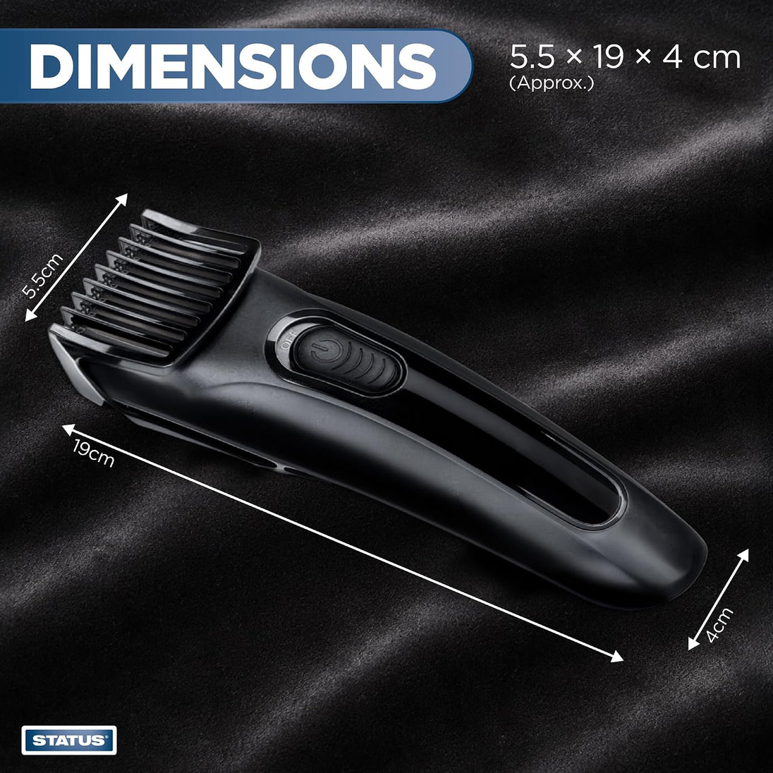 Black electric hair clippers shown on a dark satin fabric background with overlaid dimension labels indicating 5.5 cm, 19 cm, and 4 cm, plus a blue 'DIMENSIONS' banner and a STATUS logo.