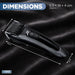 Black electric hair clippers shown on a dark satin fabric background with overlaid dimension labels indicating 5.5 cm, 19 cm, and 4 cm, plus a blue 'DIMENSIONS' banner and a STATUS logo.