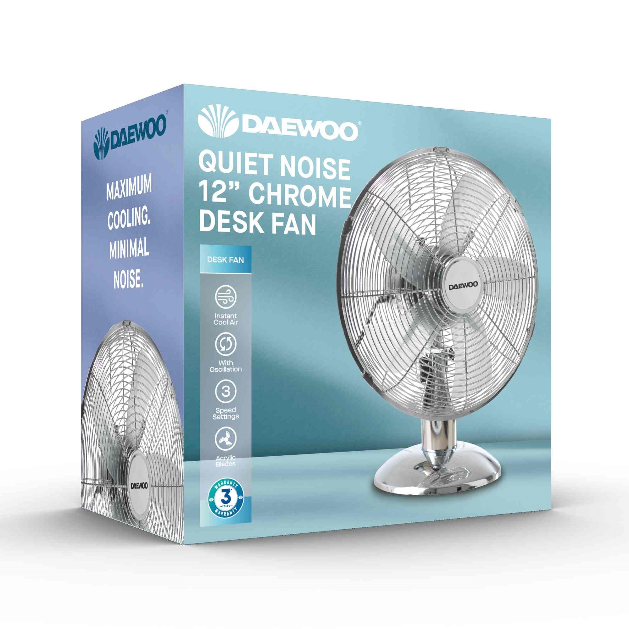 Daewoo Quiet Noise 12 Inch Oscillating Chrome Metal Desk Fan
