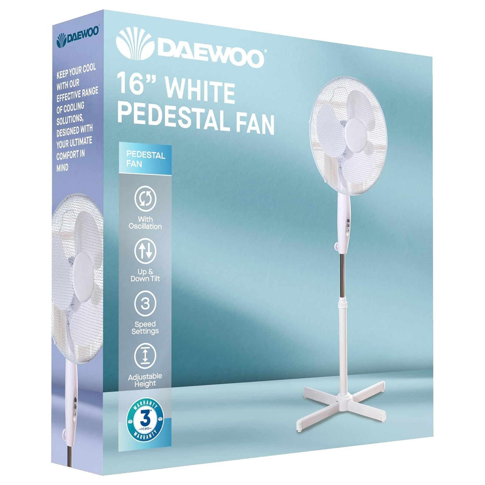 Daewoo 16 Inch Oscillating White Pedestal Fan With Cross Base