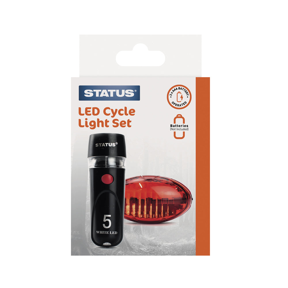 Status LED Cycle Light Set in retail packaging, featuring a black 5W white LED bike light and a red oval reflector on a white and orange backing card.