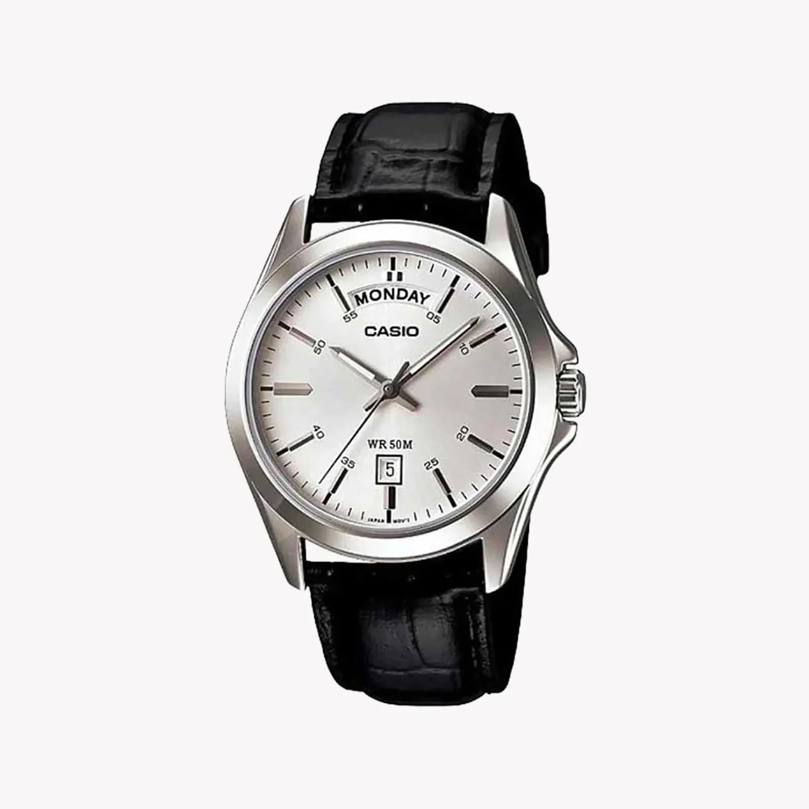 Casio MTP‑1370L‑7A Classic Silver Dial Men’s Day‑Date Leather Watch