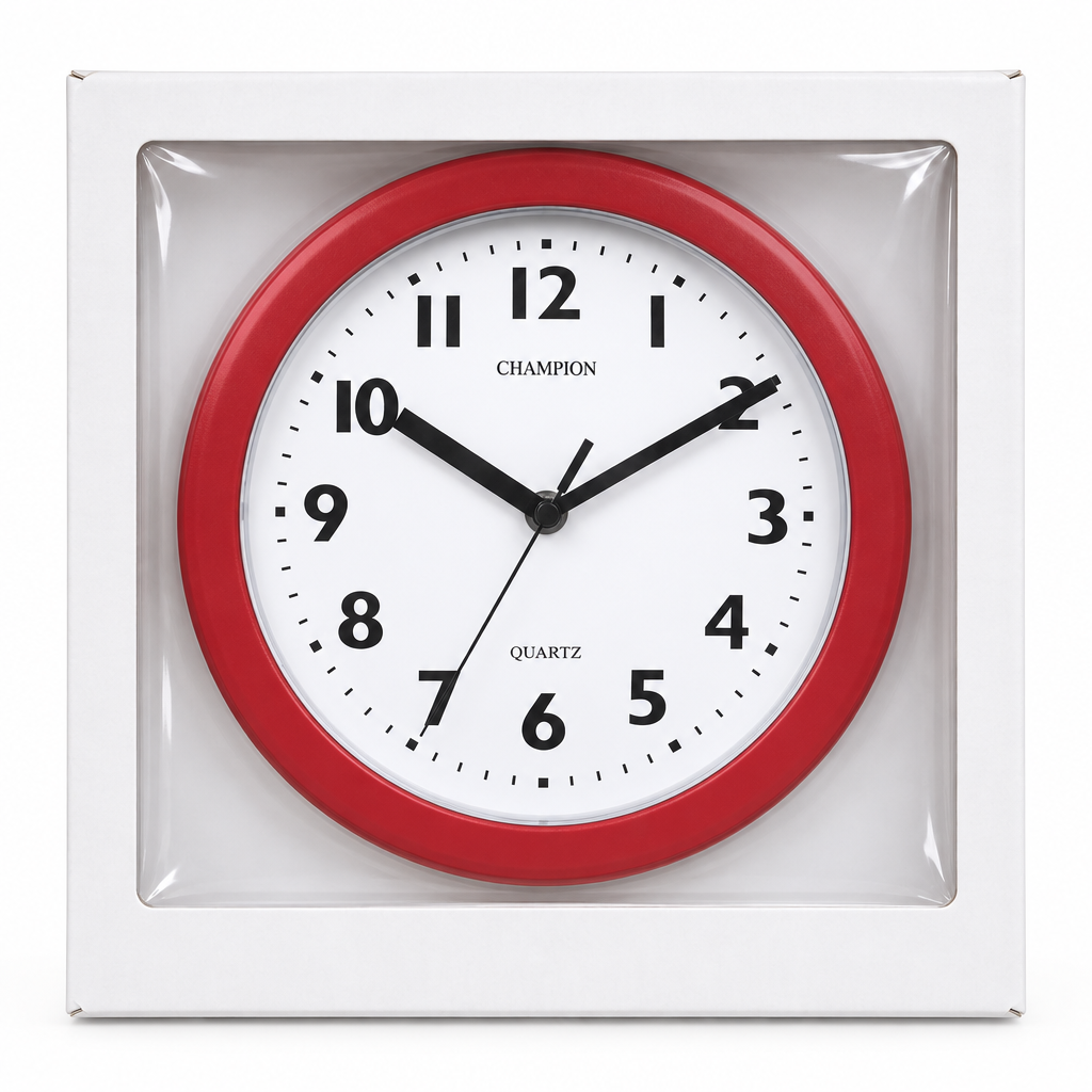 Packaging mockup of Champion red wall clock with white face, visible through clear plastic in a plain white box