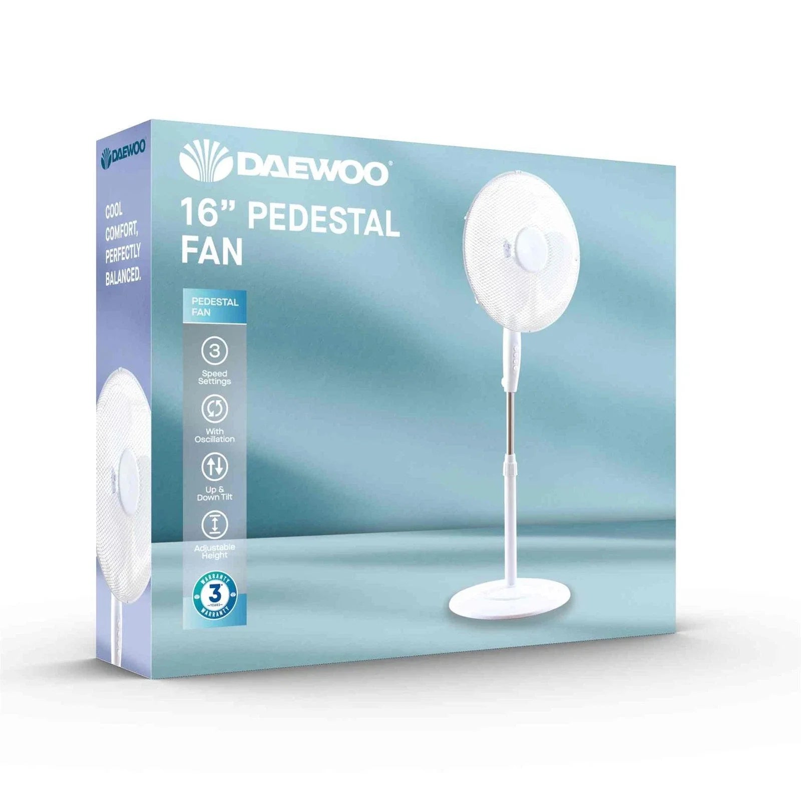 Daewoo 16 Inch Oscillating White Pedestal Fan Round Base