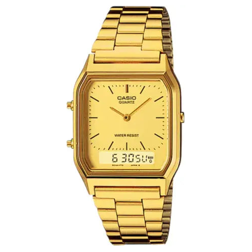 A gold Casio AQ-230GA-9D watch with a digital display and a stainless steel band.