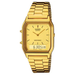 A gold Casio AQ-230GA-9D watch with a digital display and a stainless steel band.