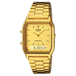 A gold Casio AQ-230GA-9D watch with a digital display and a stainless steel band.