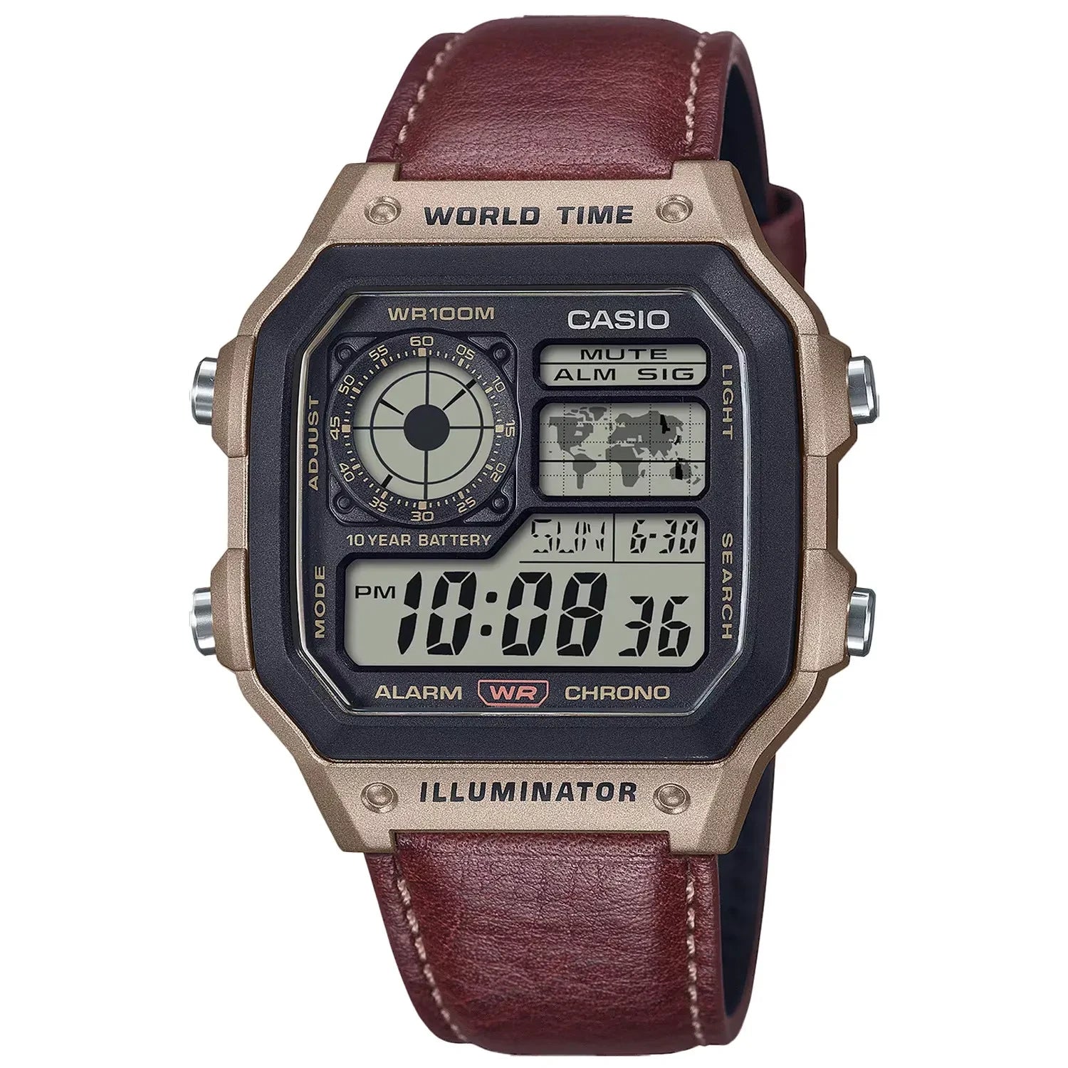 Casio AE-1200WHL-5A Digital Brown Leather World Time World Map Sporty Men Watch