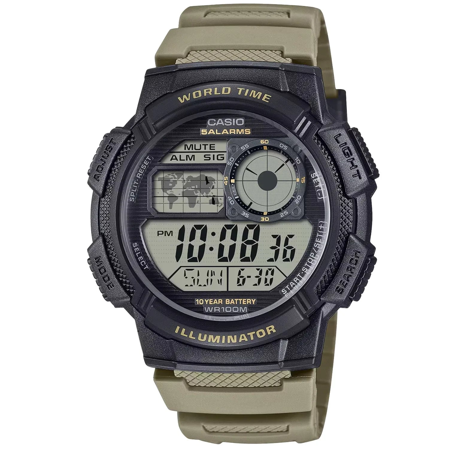 Casio AE-1000W-5AVDF Series Digital World Time Watch For Men Khaki Green