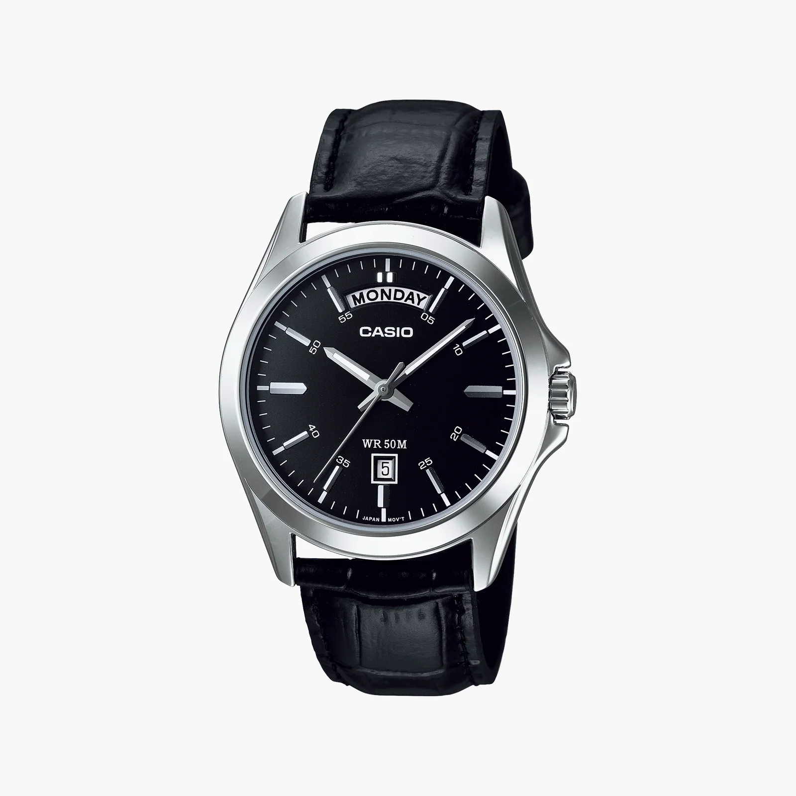 Casio MTP‑1370L‑1A Classic Black Dial Men’s Day‑Date Leather Watch